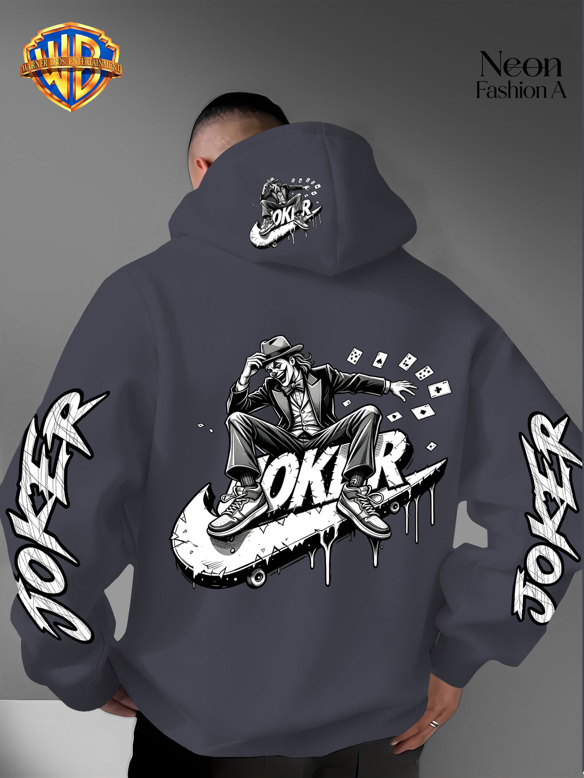 Warner Bros. Official Men'S Autumn Winter Trendy Print Hooded Fleece Sweatshirt, Long Sleeve Pullover Hoodie, Black And White Line Art Skateboard Joker Dripping Graffiti Trendy Print Pattern, Kangaroo Pouch And Drawstring Design - Dark Gray