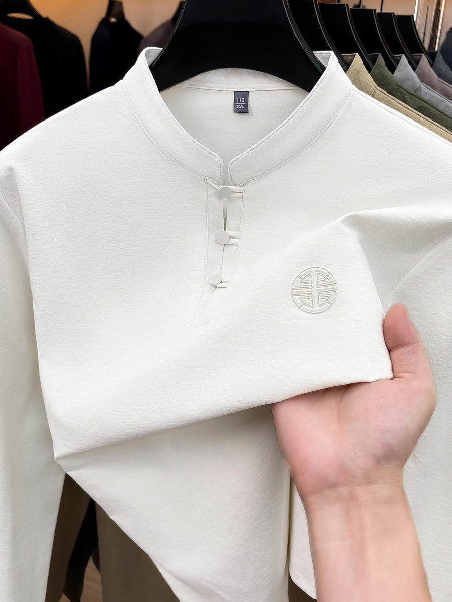 Spring/Autumn New Arrival Access Control Three-Button Chinese Hero Ancient Style Long Sleeve Stand Collar Men's T-Shirt, Stylish Casual Thin Novelty Men's Top, Refreshing Quick-Drying, Durable Skin-Friendly Chinese Clothing JC8923 - Off-white