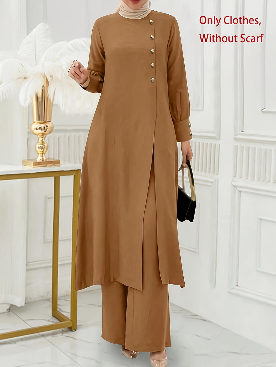 Ramadan, Women's Front-Button Long Sleeve Slit Dress & Pants Casual Arabic Style 2pcs Set, Only Clothes, Without Headscarf - Khaki