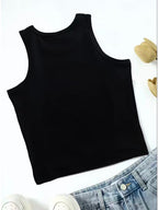 Women's Pew Pew Madafakas Black Cat Print Cropped Halter Tank Top | Funny Meme Graphic Sleeveless Crop Top - Black