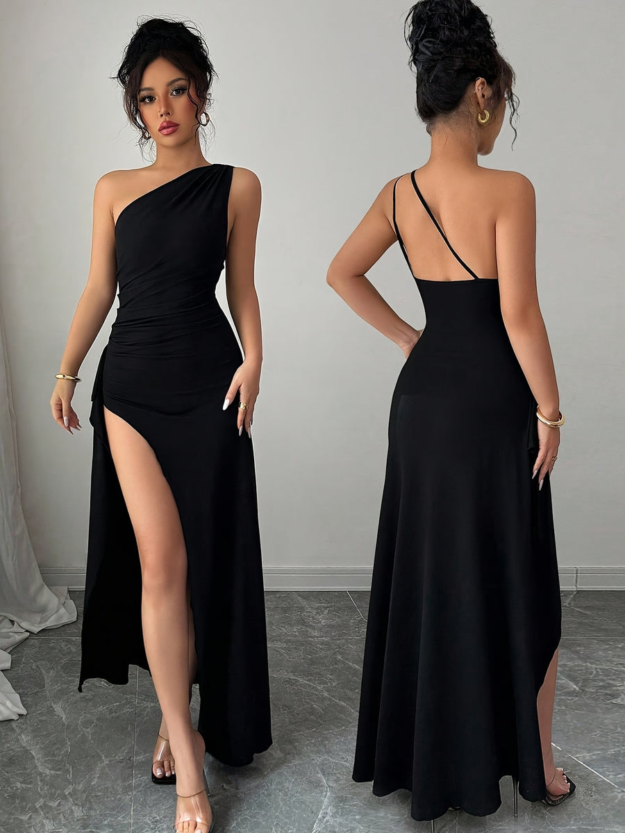 Elegant Fashion New Solid Color Off-Shoulder Sleeveless Waist-Cinching Sexy Slit Hip-Revealing Backless Evening Party Long Dress ZLLZ - Black