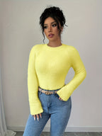 Women'S Soft Mint Green Sweater - Cozy Long Sleeve Round Neck Pullover for Fall/Winter, Casual & Office Wear, Elegant Everyday Chic Style, Comfortable Fit - Yellow