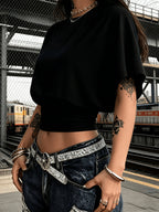 BK260403040 Women's Fashion Spring/Summer New Arrival, Stylish and Elegant, Solid Color No Print, Casual Versatile Waist-Cinching T-Shirt, Essential Basic Style—Suitable for Daily Spring/Summer Wear,, Beach, Vacation, and Home - Black