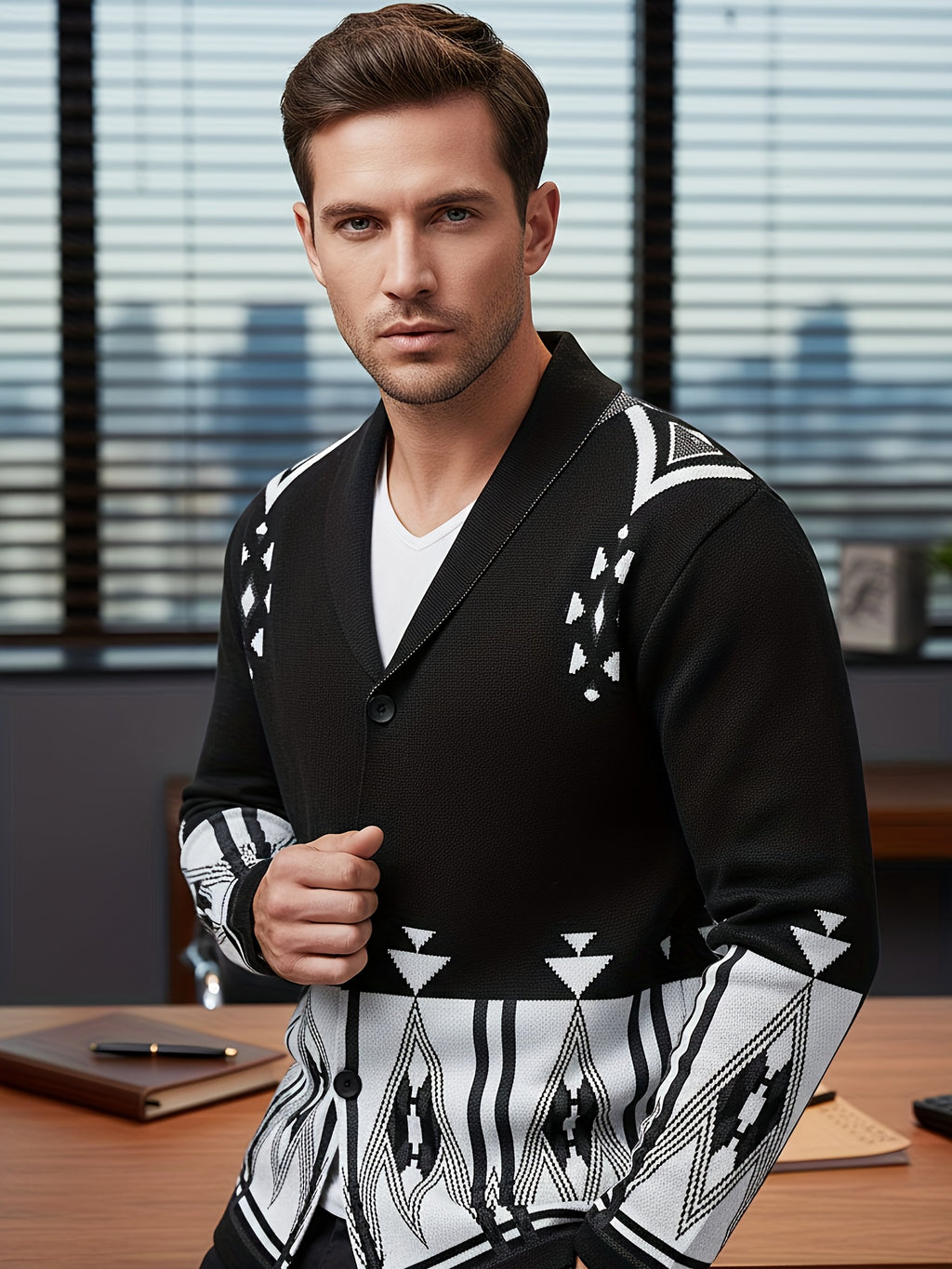 Men'S New Fashion Geometric Color Block Pattern Suit Collar Jacket Knitted Warm Top - Black