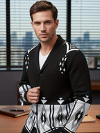 Men'S New Fashion Geometric Color Block Pattern Suit Collar Jacket Knitted Warm Top - Black