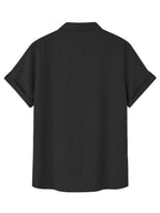 Men's Stand Collar Henley Short Sleeve Shirt 3pcs, Vertical Stripe Texture Half-Button with Pocket Top, Summer Breathable Casual Vacation 3pcs Versatile Men's Shirt Set - Black+Black+Khaki
