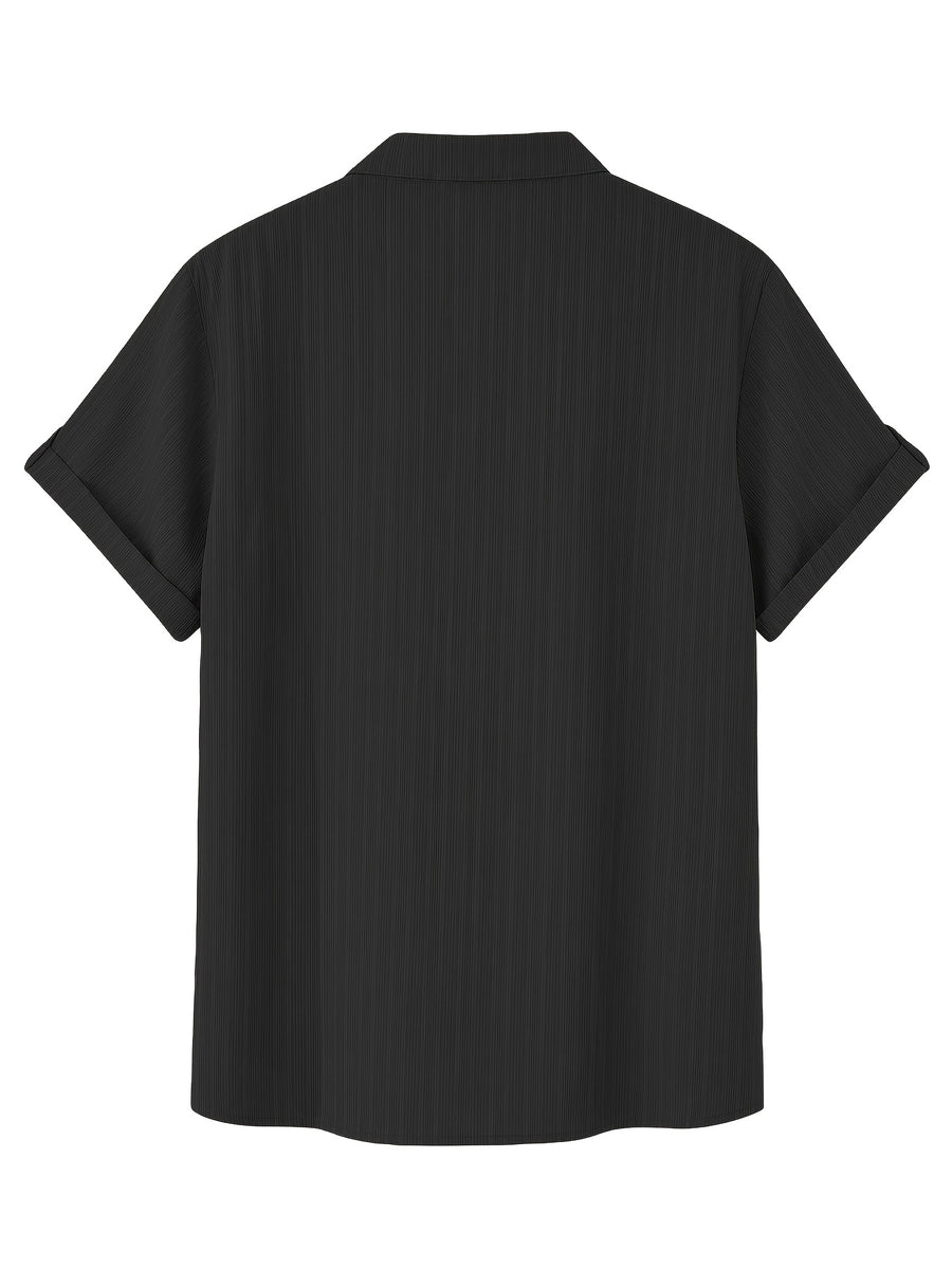 Men's Stand Collar Henley Short Sleeve Shirt 3pcs, Vertical Stripe Texture Half-Button with Pocket Top, Summer Breathable Casual Vacation 3pcs Versatile Men's Shirt Set - Black+Black+Khaki