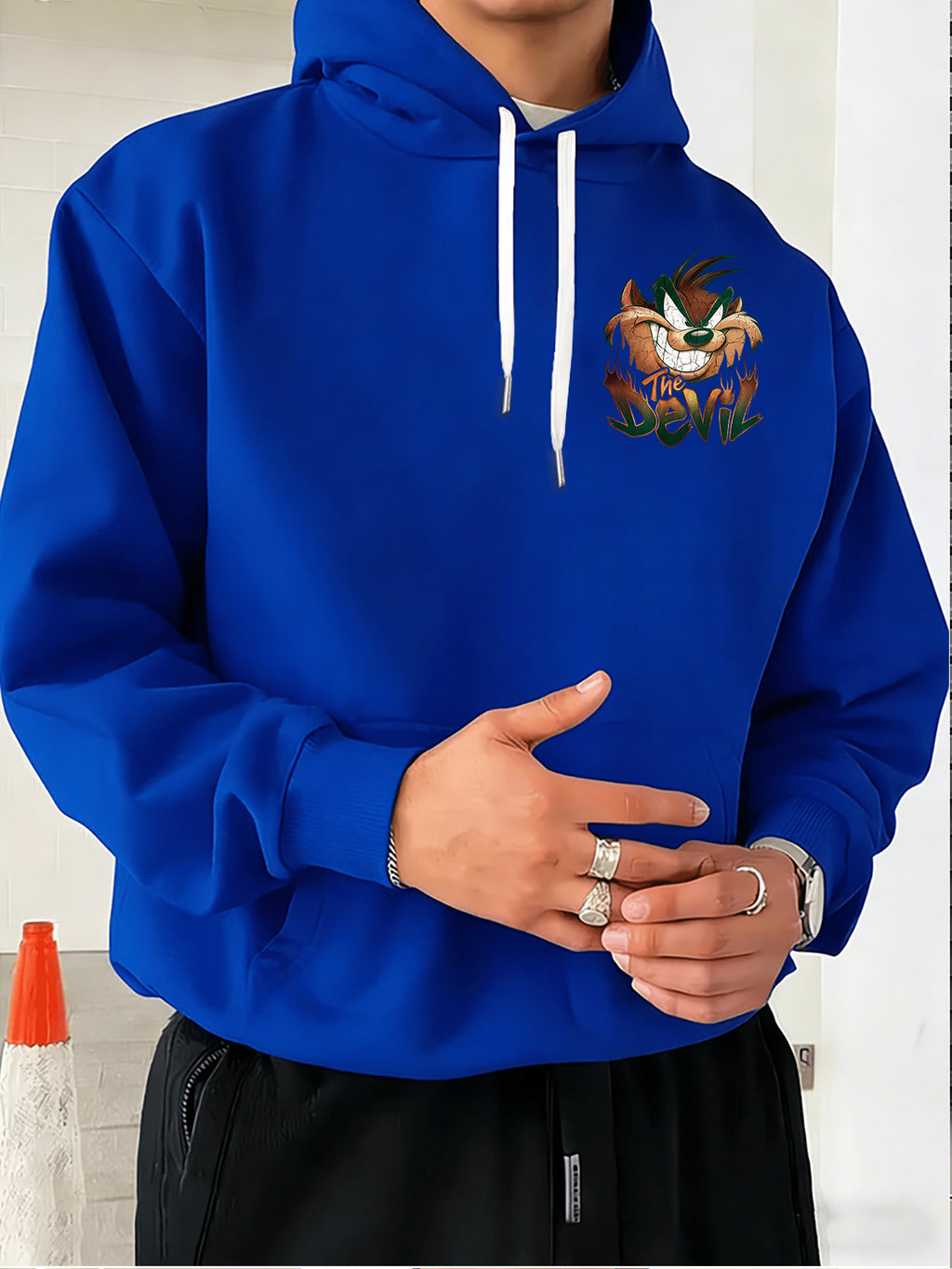 Warner Bros. Big Mouth Style Print, Hooded Sweatshirt with Graphic Design, Multi-functional Street Style Men's Hoodie, Comfortable and Casual, Suitable for Autumn and Winter Wear - Blue