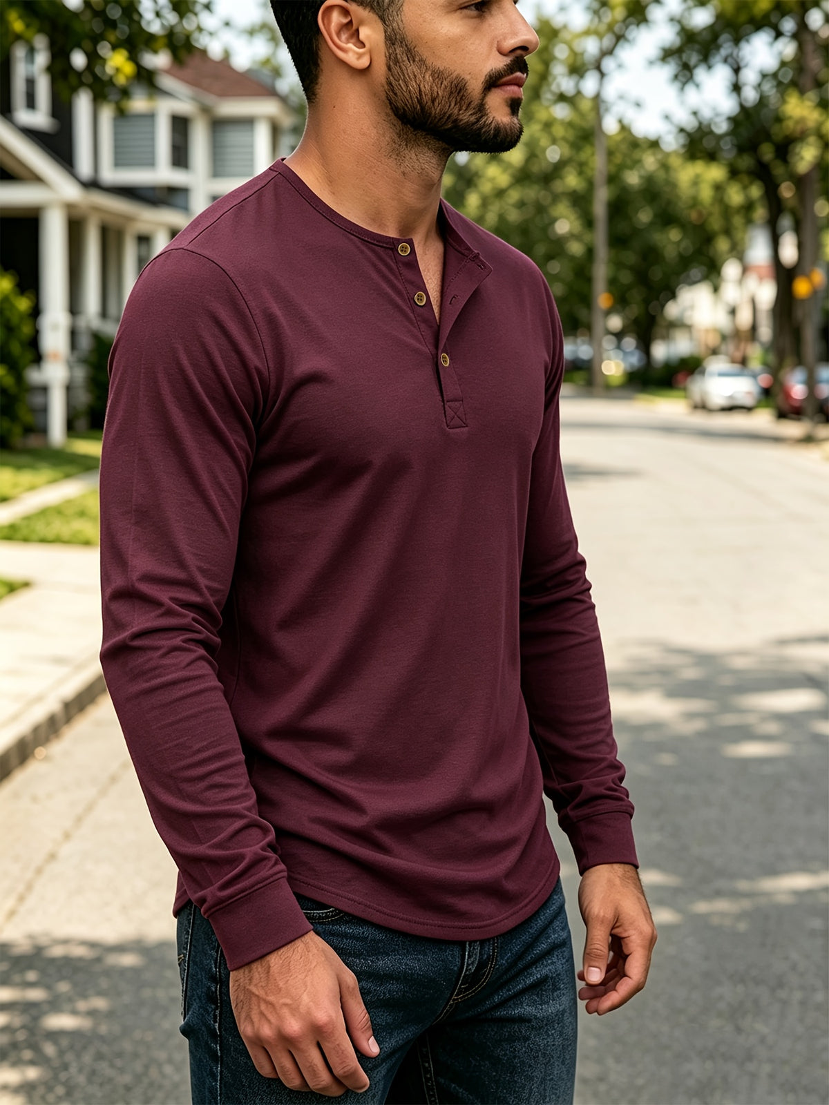 Men's Casual Long-Sleeve Henley T-Shirt 2pcs for Spring, Autumn, and Winter, Breathable and Comfortable Knitted Fabric, Versatile Base Layer, American-Style Casual Versatile Men's Top, Henley Collar + Vintage Buttons, Suitable for Commuting - Dark gray + jujube red