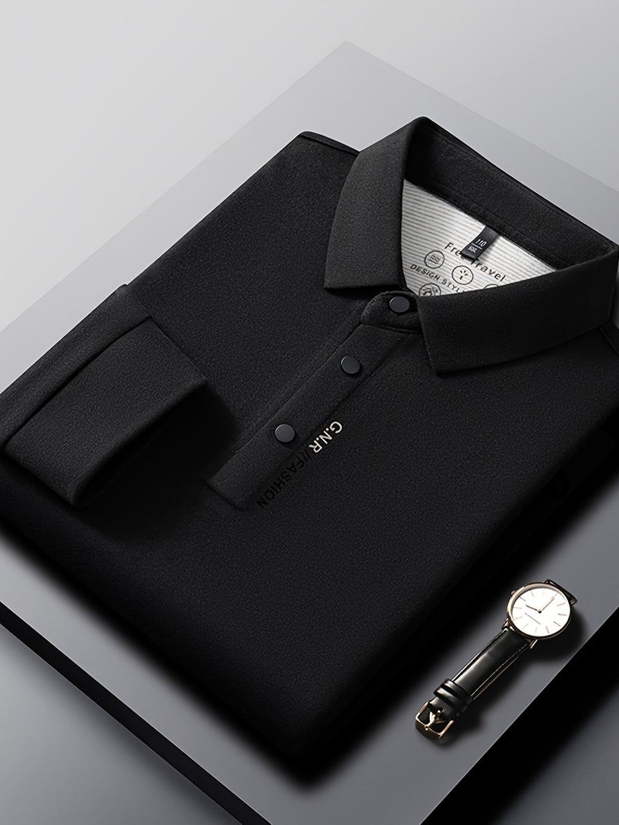 New Autumn 2026 Men's Long-Sleeve T-Shirt, Solid Color Lapel, Simple Daily Wear, Casual Polo Shirt - Black