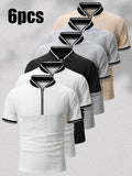 6pcs Men's Vintage Half-Zip Polo Shirts with Stand Collar & Baseball Collar/Cuffs - Breathable Cable Knit Short Sleeve T-Shirts, Color-Block Striped Suitable for Gym, Outdoor, Casual Wear - Machine Washable Retro Sportswear - + + Black + Light Gray + Light Gray + Khaki