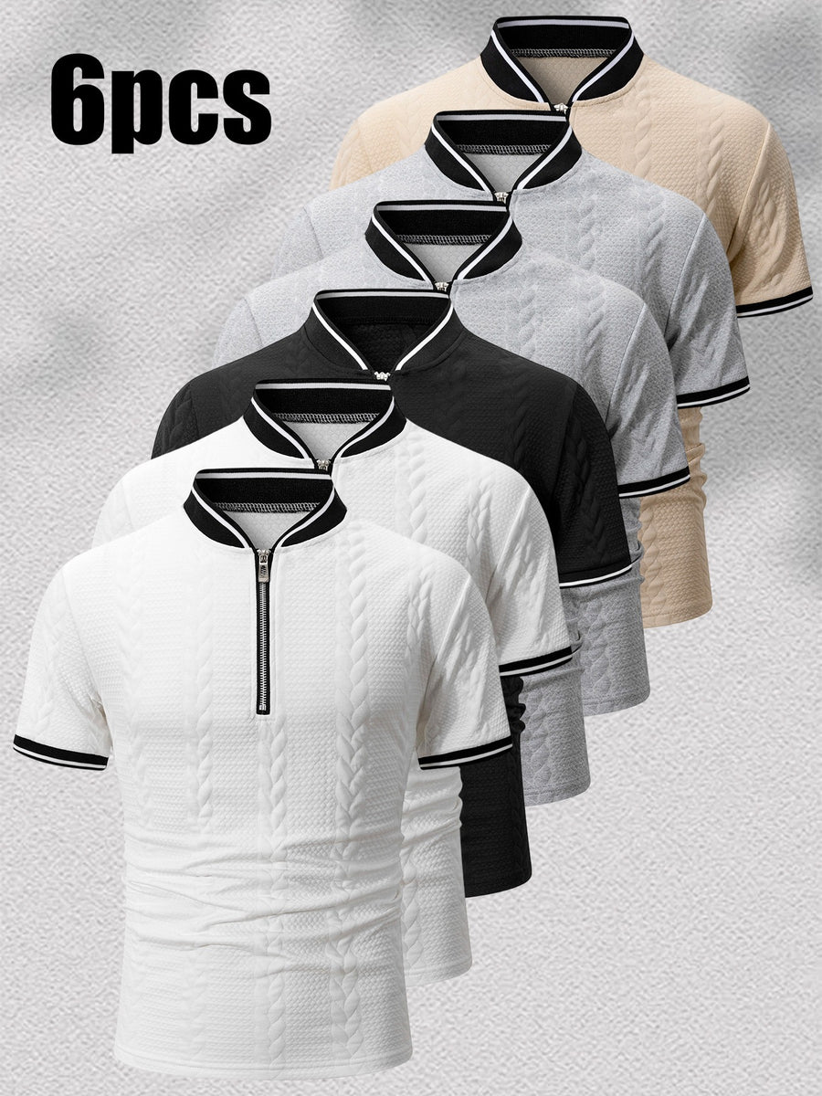 6pcs Men's Vintage Half-Zip Polo Shirts with Stand Collar & Baseball Collar/Cuffs - Breathable Cable Knit Short Sleeve T-Shirts, Color-Block Striped Suitable for Gym, Outdoor, Casual Wear - Machine Washable Retro Sportswear - + + Black + Light Gray + Light Gray + Khaki