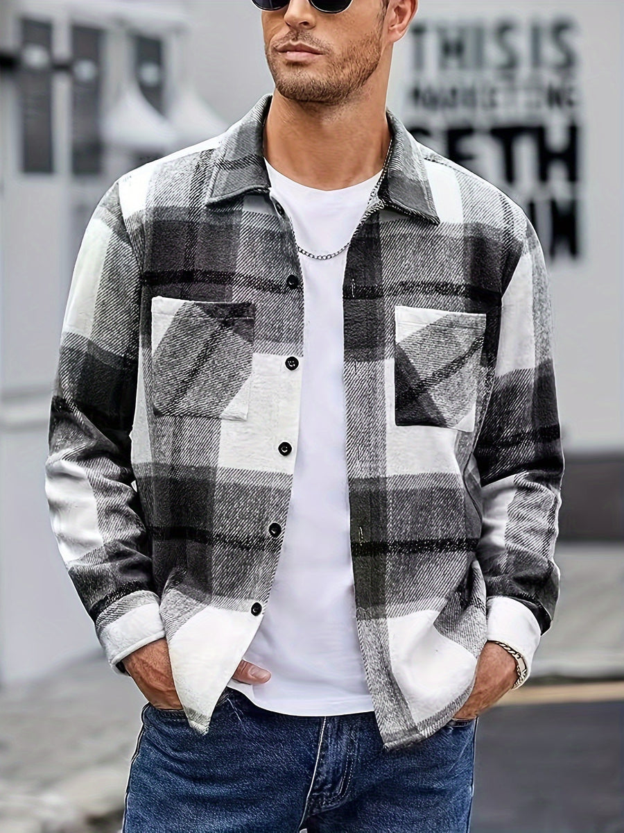 Men's Flannel Thickened Warm Casual Fashion Versatile Plaid Shirt Jacket - Black
