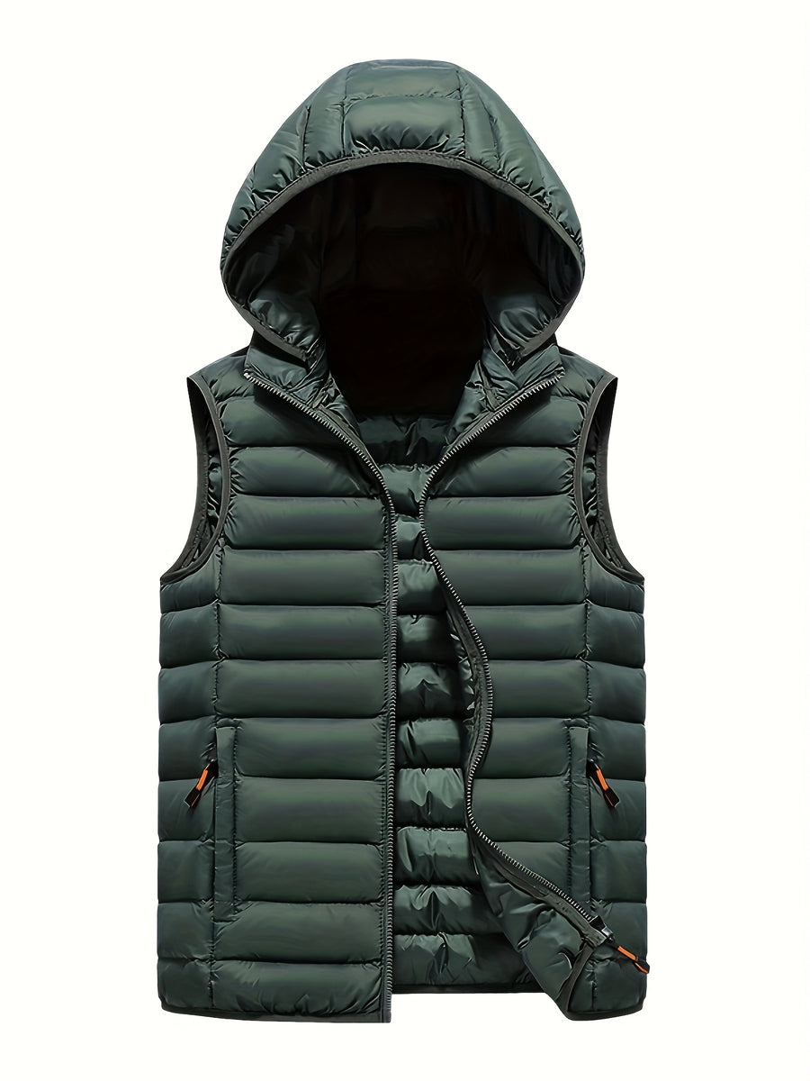 Men'S Slim-Fit Hooded Vest - Lightweight Non-Stretch Jacket, Front Zipper Closure, Side Pockets - Cold Weather Outerwear for Everyday & Formal Events - Fall/Winter, Winter Clothing, Sleek Design, Durable Construction, Stylish Outerwear, Urban Style - Dark Army Color