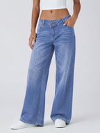 GILIPUR Y2K Women'S Solid Denim Cross Over Low Rise Baggy Wide Leg Jeans, Soft Stretchy Loose Floor Length Denim Pants with Functional Pockets, Casual Streetwear Daily Commute Vacation Outfits for Women Tchic - Medium Blue