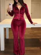 Women's 2pcs Korean Velvet Hooded Casual Set, New Autumn/Winter Style, Slim Fit Zipper Cardigan + Flared Pants 2pcs Set. Made of High-quality Golden Velvet Fabric, Soft, Comfortable, and with Excellent Drape. The Waist-cinching Cut Accentuates Body - Burgundy