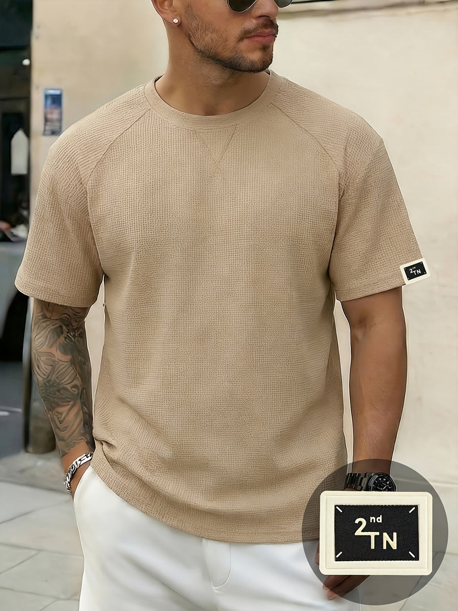 Men'S Waffle Knit Crew Neck T-Shirt, Lightweight And Breathable Short Sleeve Casual Tee with Premium Fashion Handcrafted Labeling. Comfortable Loose-Fit Summer Top Perfect for Daily Wear, Street Style, Vacations, Travel, Outdoor Activities - Khaki