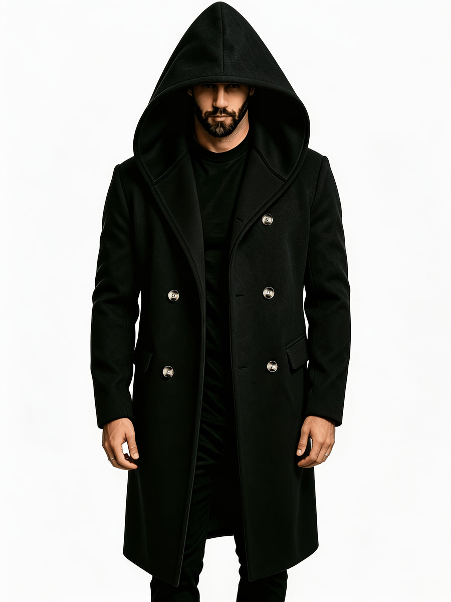 Men's Hooded Double-Breasted Blended Tweed Overcoat, Casual Mid-Length Pointed Hood Jacket, Solid Color Winter Outerwear - Black