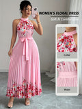 Fashionable New Women'S Summer Halter Floral Print Pleated Dress - Pink