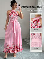 Fashionable New Women'S Summer Halter Floral Print Pleated Dress - Pink