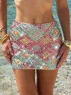 Hot Style High-waisted Hip-hugging Women's Summer Midi Low-rise Short Skirt, Color-blocked Geometric Pattern Vacation-style Skirt. Essential Outfit for Beach Outings - Mixed colors