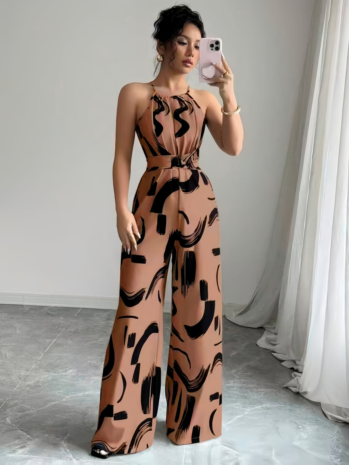 5051 Suspender, Tie, Belt Waist Elegant Temperament Jumpsuit - Light Brown-1
