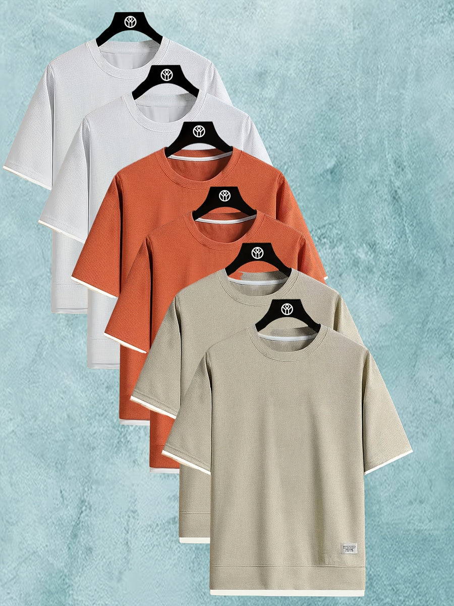 6pcs Men's Lightweight Waffle Knit Short Sleeved Round Neck T-shirt - Casual Summer Top with Contrasting Cuffs and Hem, Polyester Fiber, Suitable for Fitness and Casual Wear - Style3