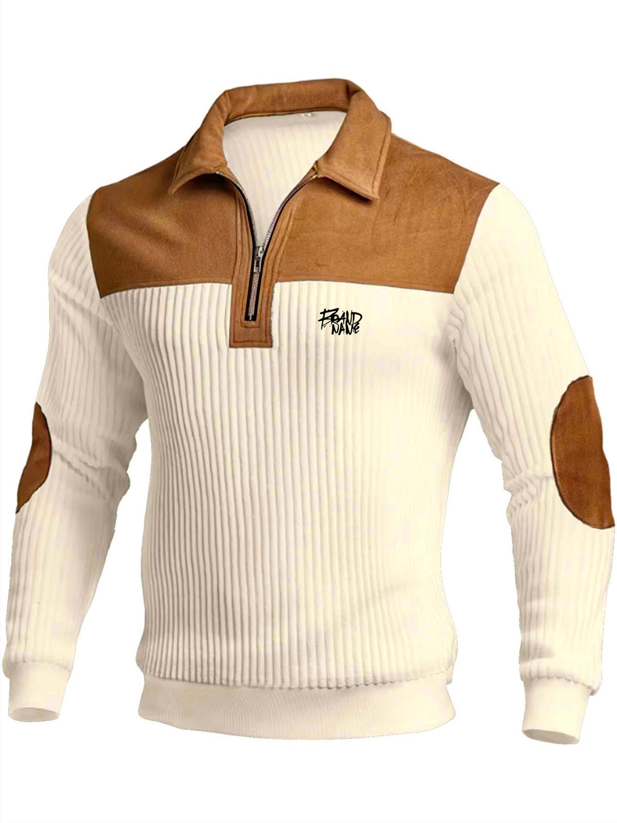 Men'S Contrast Half-Zipper Polo, with Brown Patchwork, Bi-Color Design Men'S Long Sleeve - Apricot