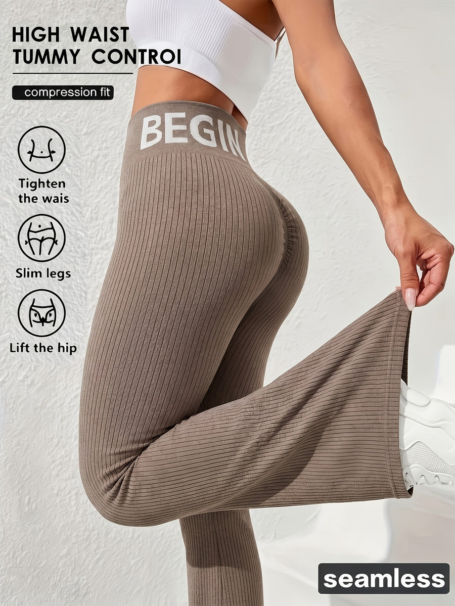 DW260607028 Women's Fashion Letter-Print Ribbed Flared Pants, Everyday Casual Y Fitness Flared Trousers - Khaki