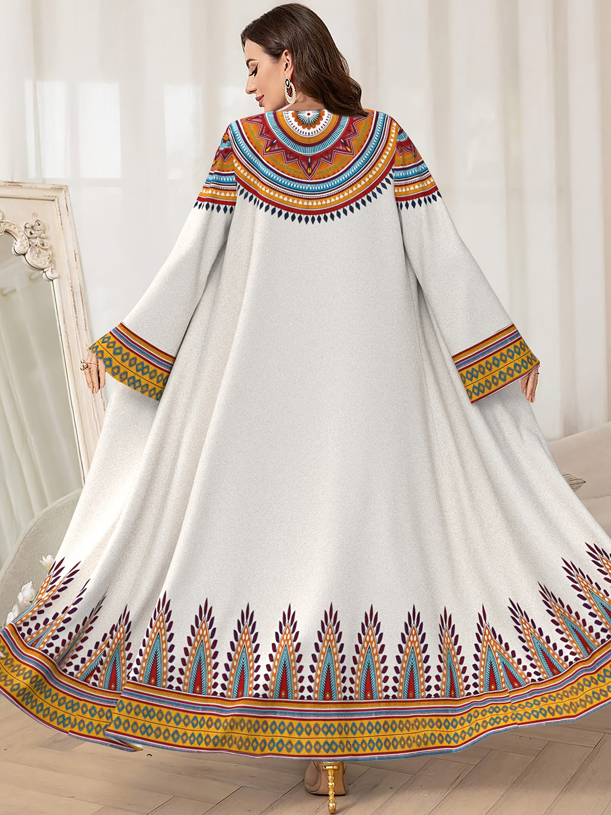 Middle East Dubai Muslim Women's Abaya Robe, Fashionable Floral Print Loose Long Cardigan, Elegant Outerwear - Mixed colors