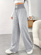 High-waisted Ribbed Waistband Wide-leg Pants with Contrast Drawstring and Label, No Pockets, Solid Color, Versatile for Daily Commuting in Spring, Summer, and Autumn. Lightweight and Easy to Wear, a Fashionable Choice - Silvery Grey