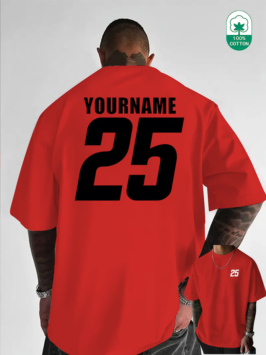 Minimalist Hand-Drawn Numerals and Letter Creative Front and Back Print Fashionable Men's Casual Versatile #Commute #Leisure #Home #Office #Trendy Streetwear Fashion Item Crew Neck Heavyweight Pure Cotton T-Shirt - Red