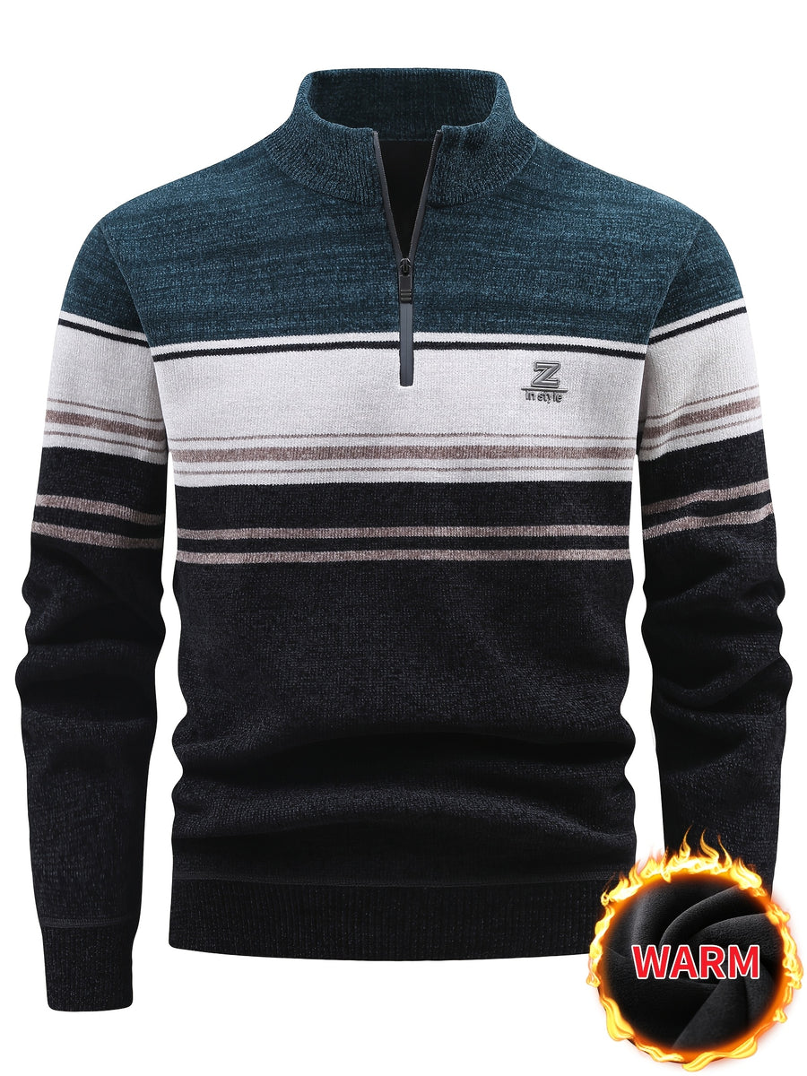 Autumn And Winter Men'S Half-Zip Stand-Up Collar Sweater, Fleece-Lined And Thickened, Letter Pattern, Contrasting Color Stripes, Business Casual Knit Pullover Shirt, Men'S Warm Top, Suitable for Daily Commuting And Outdoor Activities - Dark Cyan