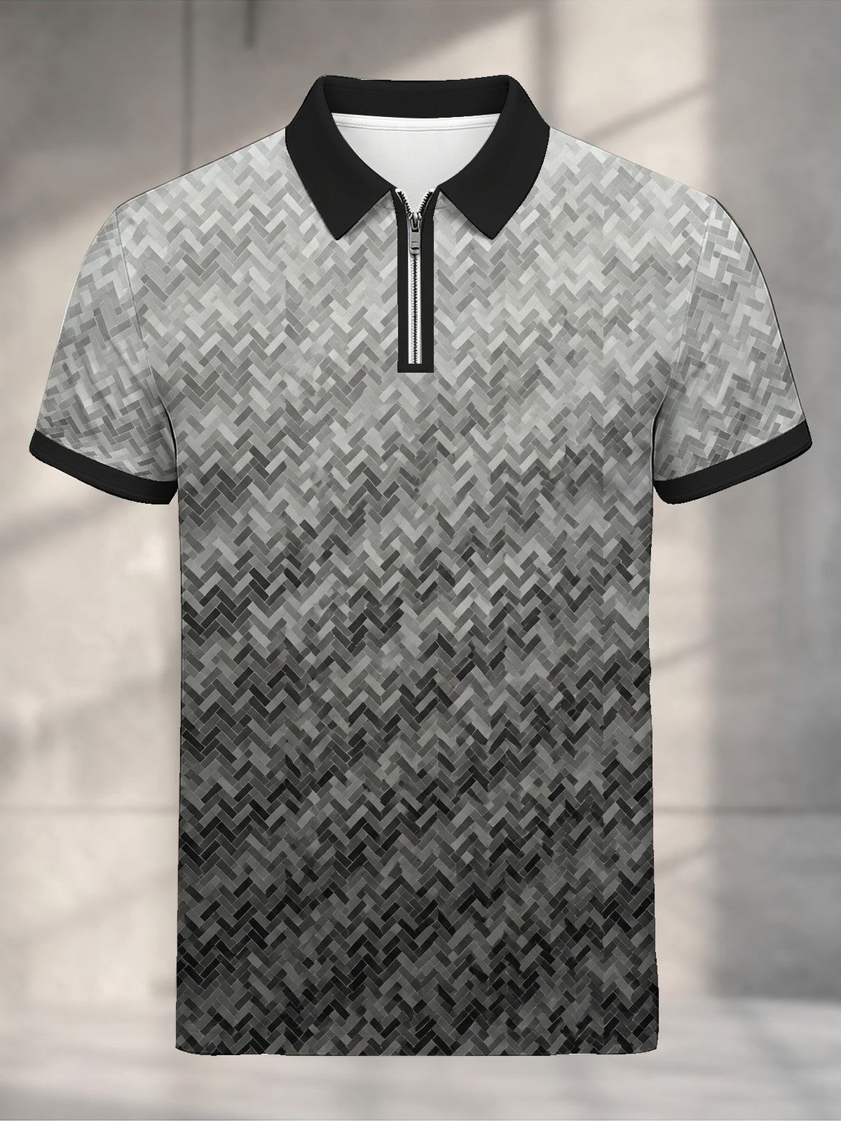 Men's Short Sleeve Zip Polo Shirt, Gradient Herringbone Geometric Pattern, Digital Print, Contrast Polo Collar Zip Placket, Polyester, Casual, Daily Commuting Weekend Leisure, Spring and Summer - Mixed colors