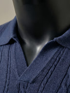 Men'S Knit Sweater Short Sleeve Polo Shirt, Light Luxury Business High Quality Cable Knit Vertical Stripes Heavy Craft Slimming Texture Fashion Easy Handsome Exquisite Workmanship Dating Party Outdoor High-End Places All Suitable Golf Polo Shirt Kni - Sea Blue