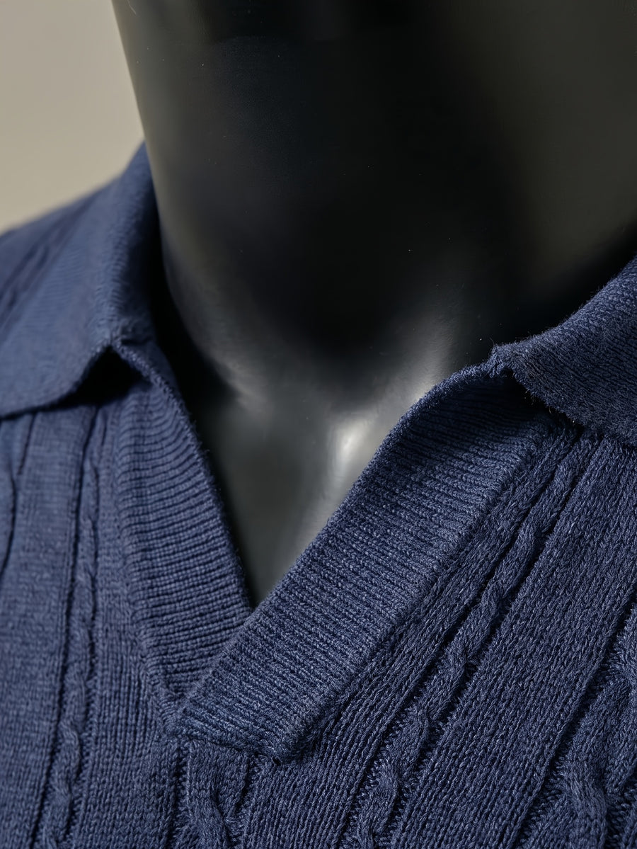 Men'S Knit Sweater Short Sleeve Polo Shirt, Light Luxury Business High Quality Cable Knit Vertical Stripes Heavy Craft Slimming Texture Fashion Easy Handsome Exquisite Workmanship Dating Party Outdoor High-End Places All Suitable Golf Polo Shirt Kni - Sea Blue
