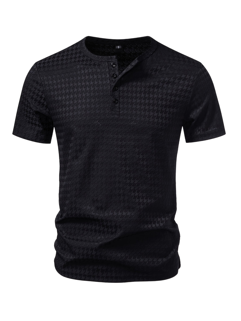 Men'S Waffle Grid Henley Short Sleeve T-Shirt, Houndstooth Jacquard American Vintage Summer Casual Loose Henley Collar All-Match Commute Short Sleeve Top - Black