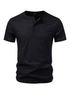 Men'S Waffle Grid Henley Short Sleeve T-Shirt, Houndstooth Jacquard American Vintage Summer Casual Loose Henley Collar All-Match Commute Short Sleeve Top - Black