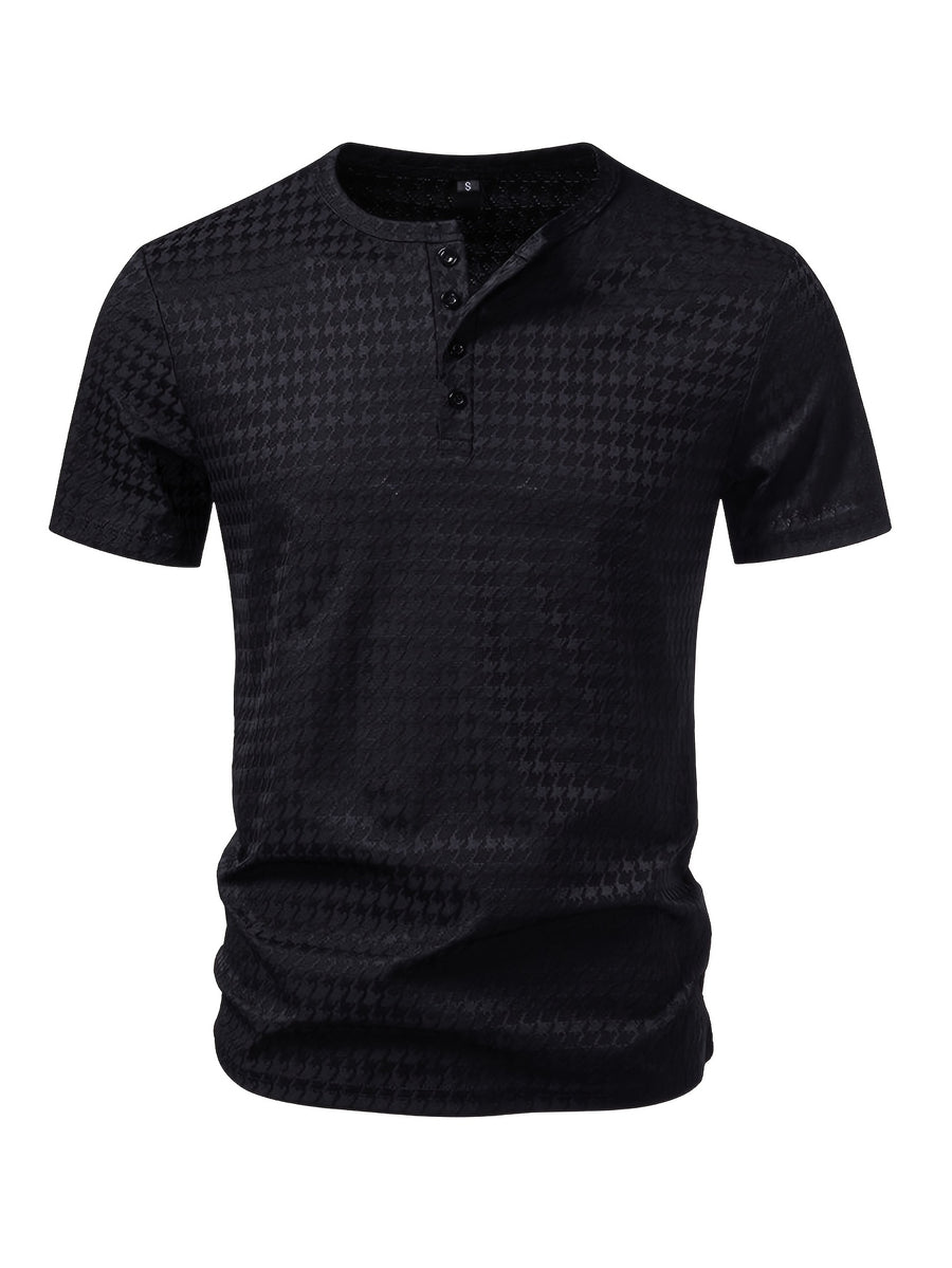Men'S Waffle Grid Henley Short Sleeve T-Shirt, Houndstooth Jacquard American Vintage Summer Casual Loose Henley Collar All-Match Commute Short Sleeve Top - Black