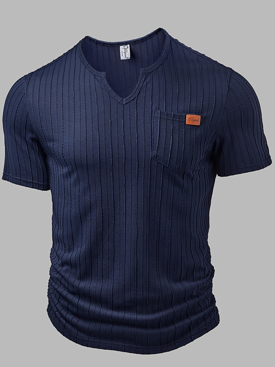 Men'S Fashion Top, Spring Summer Outdoor Casual Textured Pleated Fabric Solid Color Keyhole V-Neck Pocket Patchwork Short Sleeve Men'S Henley Shirt - Navy blue color