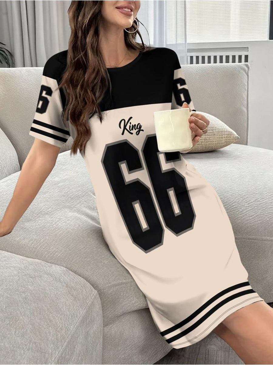 Digital Print - Women'S Casual Home Top, Fabric Material, Black And White Colorway, Featuring "167.64cm And "King" Prints, Short Sleeve Round Neck, Striped Details, Multiple Sizes Available, Suitable for Indoor Casual Women'S Long T-Shirt - Mixed colors