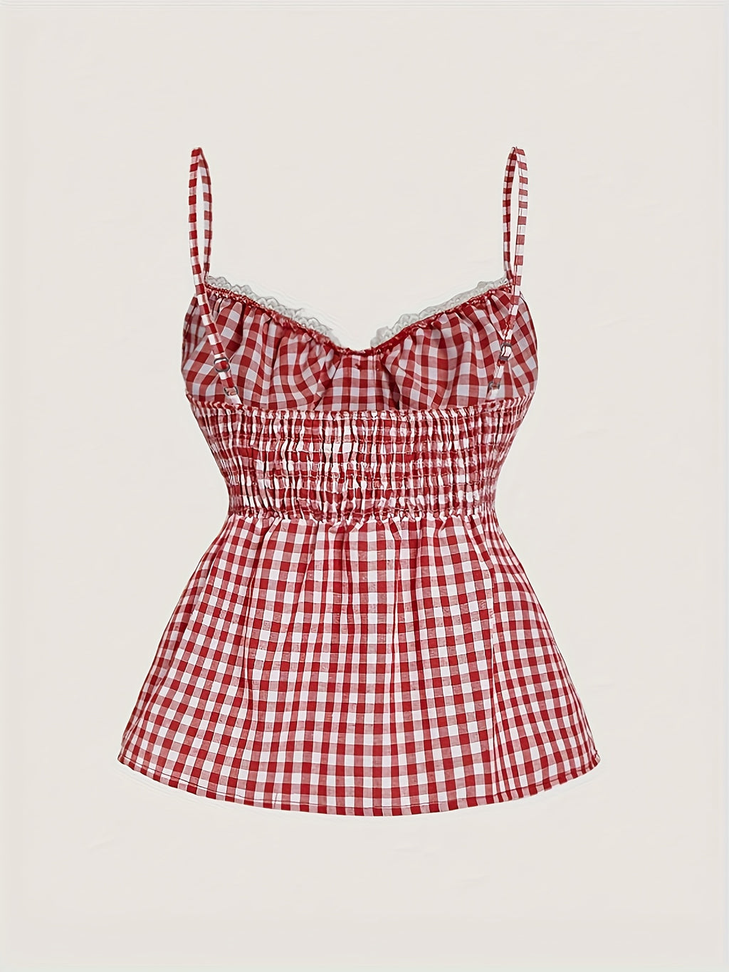 Women's Plaid Button Lace Trim Spliced Spaghetti Strap Top - Red