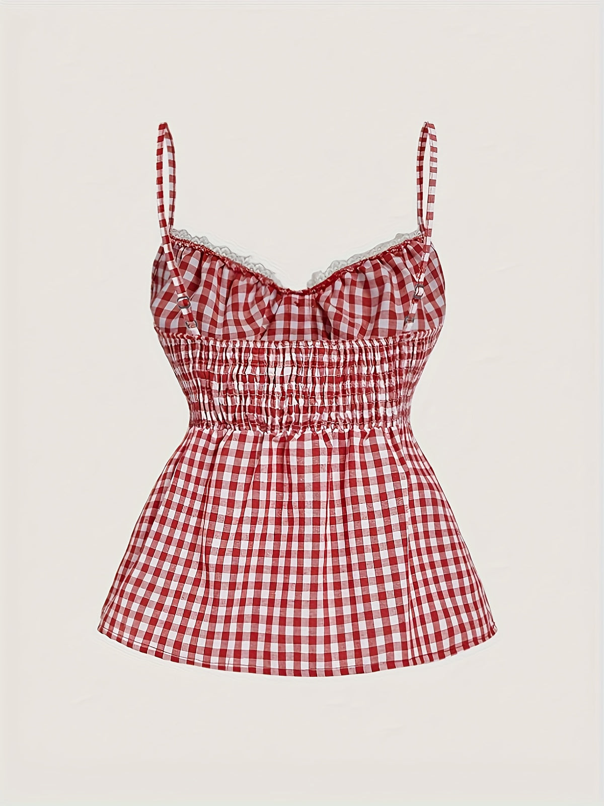 Women's Plaid Button Lace Trim Spliced Spaghetti Strap Top - Red