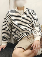 Men's Sweatshirt, Spring/Autumn Style, Japanese-Inspired Minimalist Design with Zipper and Stripes, Trendy Men's Brand, Versatile for Couples, Casual Long-Sleeve T-Shirt Top, In Stock - White