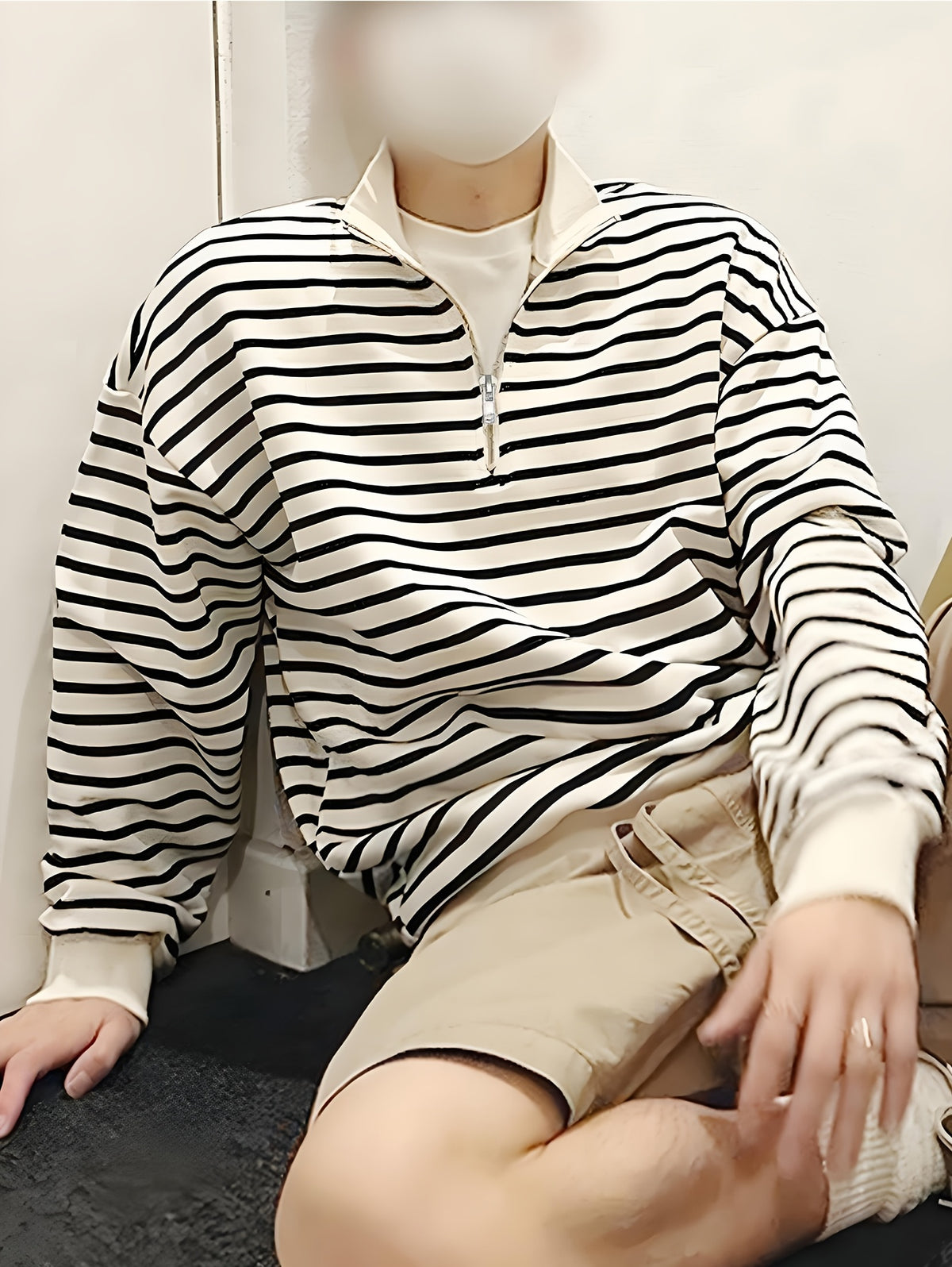 Men's Sweatshirt, Spring/Autumn Style, Japanese-Inspired Minimalist Design with Zipper and Stripes, Trendy Men's Brand, Versatile for Couples, Casual Long-Sleeve T-Shirt Top, In Stock - White