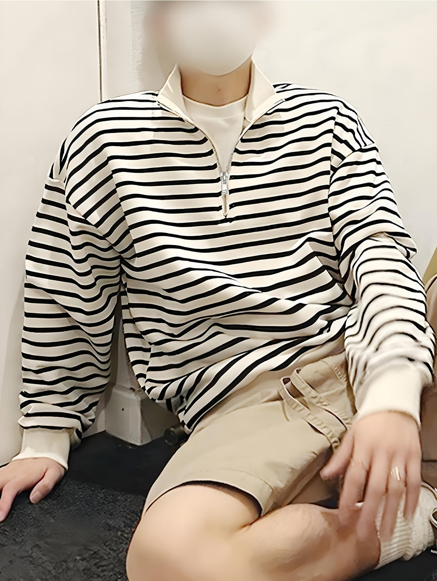 Men's Sweatshirt, Spring/Autumn Style, Japanese-Inspired Minimalist Design with Zipper and Stripes, Trendy Men's Brand, Versatile for Couples, Casual Long-Sleeve T-Shirt Top, In Stock - White