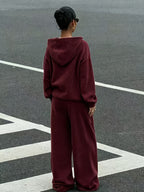 2026 Sporty Solid Color Hooded Sweatshirt Set for Women, Loose Drop-Shoulder Casual Wide-Leg Pants 2pcs Set - Burgundy
