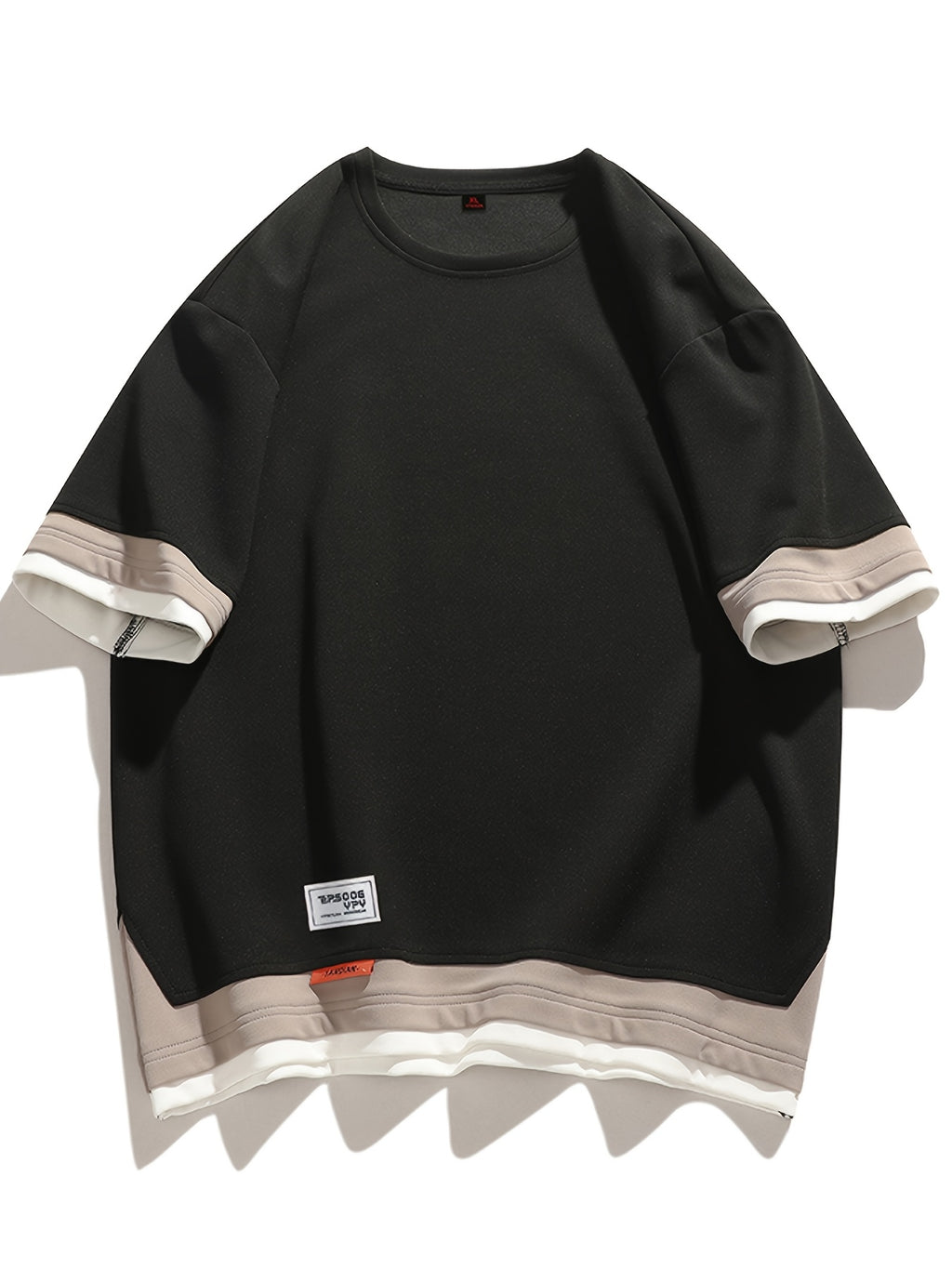 [Joshmay Obm] Summer Men'S Fake Two-Piece Contrast Short Sleeve T-Shirt, Loose Round Neck Trendy Casual Half Sleeve Top - Black