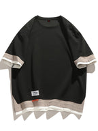 [Joshmay Obm] Summer Men'S Fake Two-Piece Contrast Short Sleeve T-Shirt, Loose Round Neck Trendy Casual Half Sleeve Top - Black