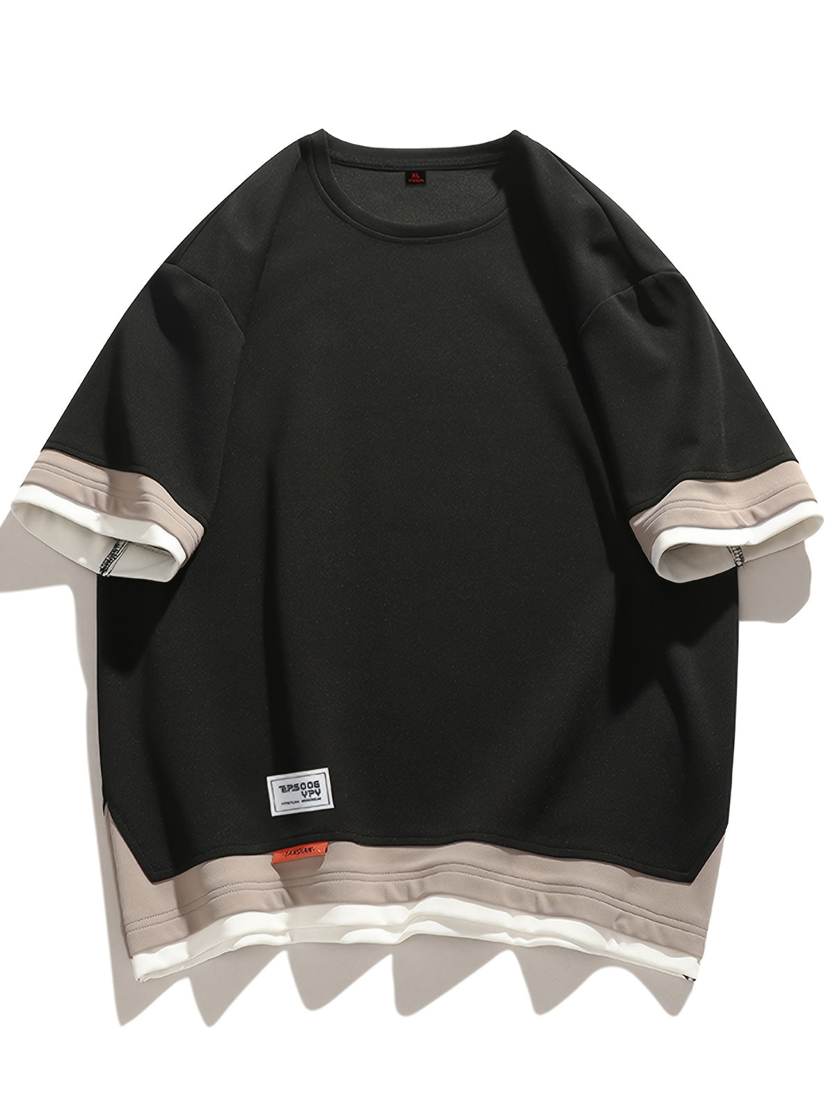 [Joshmay Obm] Summer Men'S Fake Two-Piece Contrast Short Sleeve T-Shirt, Loose Round Neck Trendy Casual Half Sleeve Top - Black